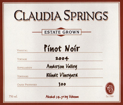 Claudia Springs Winery 2004 Pinot Noir, Klindt Vineyard (Anderson Valley)