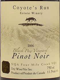 wine Coyote's Run Estate Winery 2006 Pinot Noir , Black Paw Vineyard  (Niagara Peninsula)