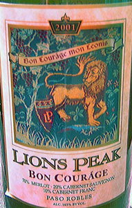 Wine:Lions Peak Vineyards 2001 Bon Courage  (Paso Robles)